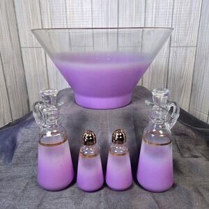 Vtg Anchor Hocking Purple Blendo  Purple Glass Salad Bowl‎ Cruets Shakers Retro